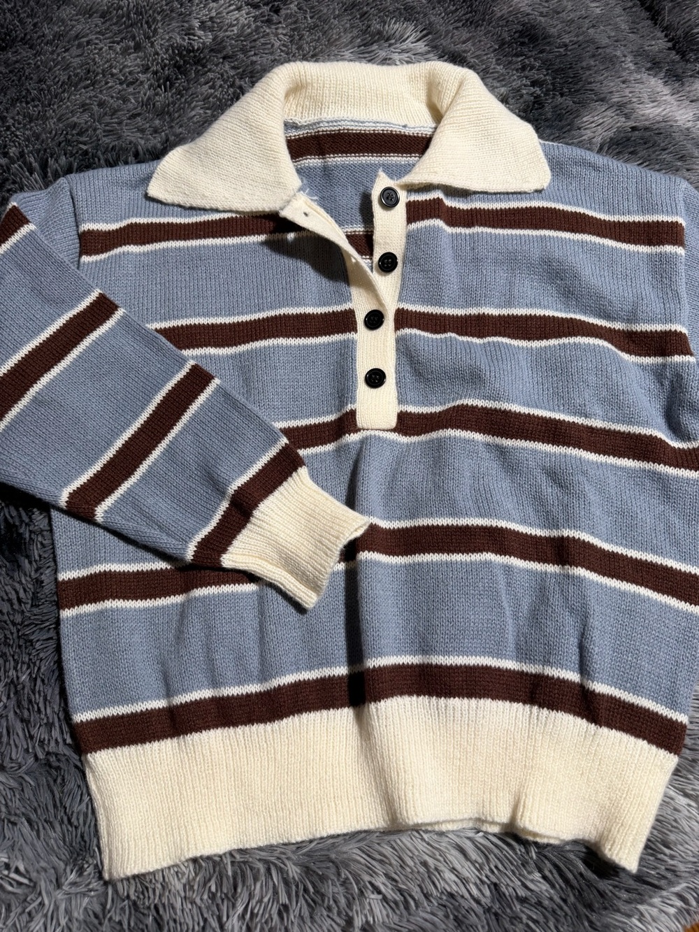Men's Blue Stripe Collared Knit Sweater with Cream Trim